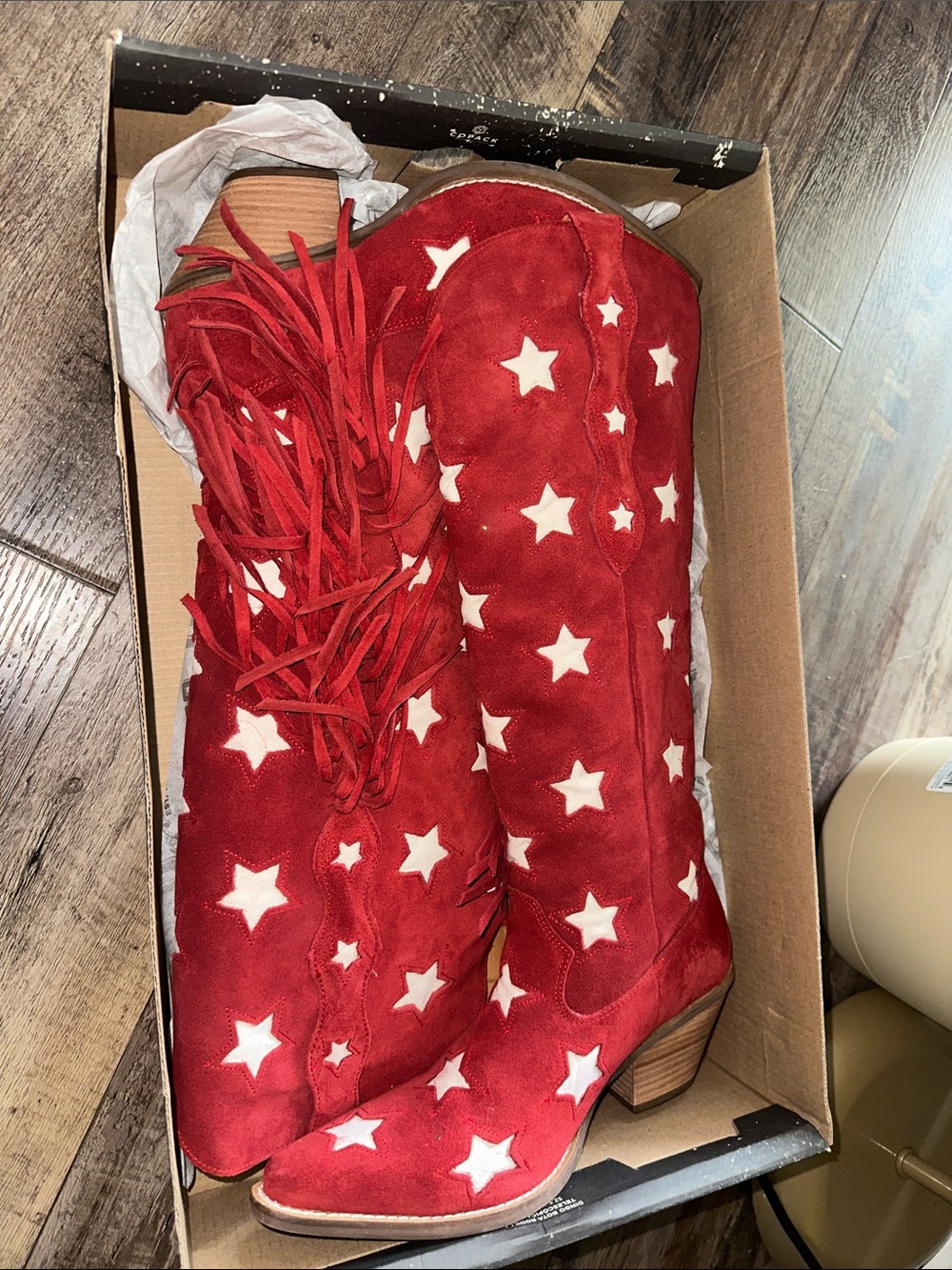 Red Suede Over-the-Knee Star Embroidered Boots with Fringe - Picture 7 of 8
